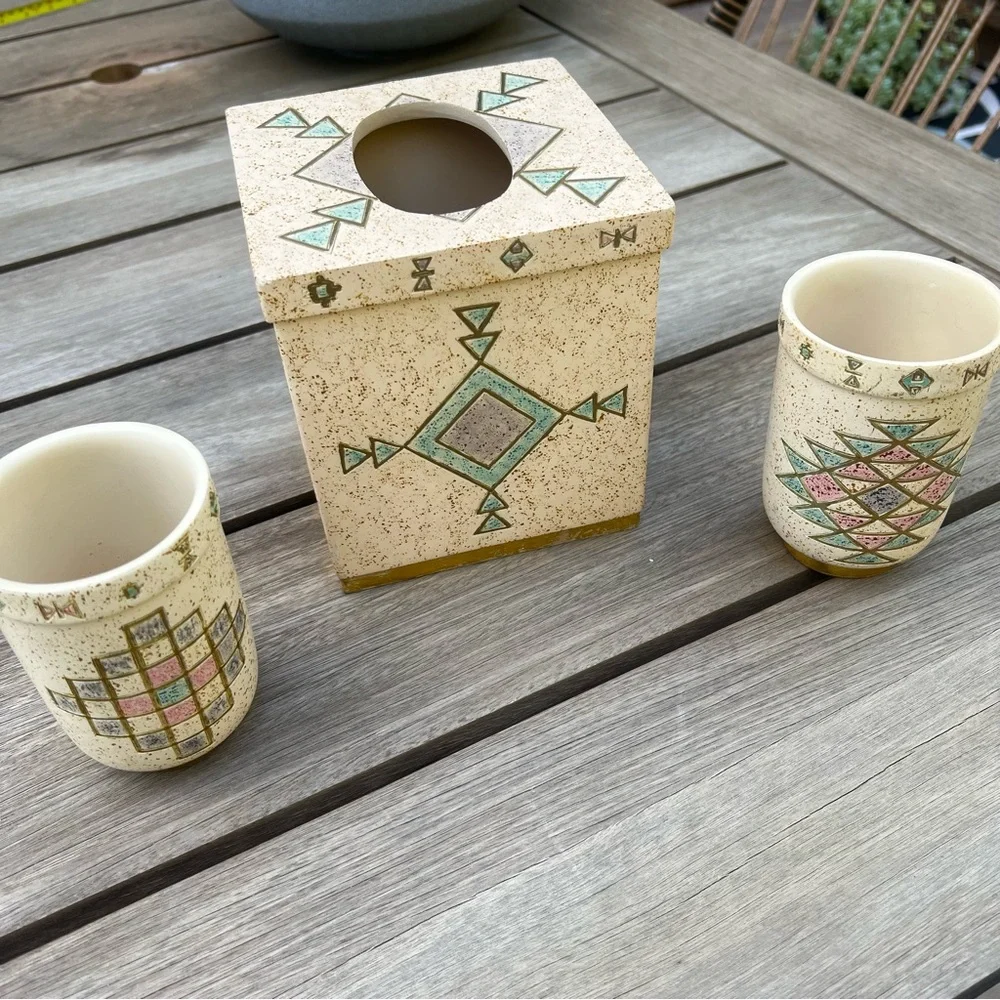 Vohann of California Arizona Aztec Ceramic Tissue Holder and Tumblers Set